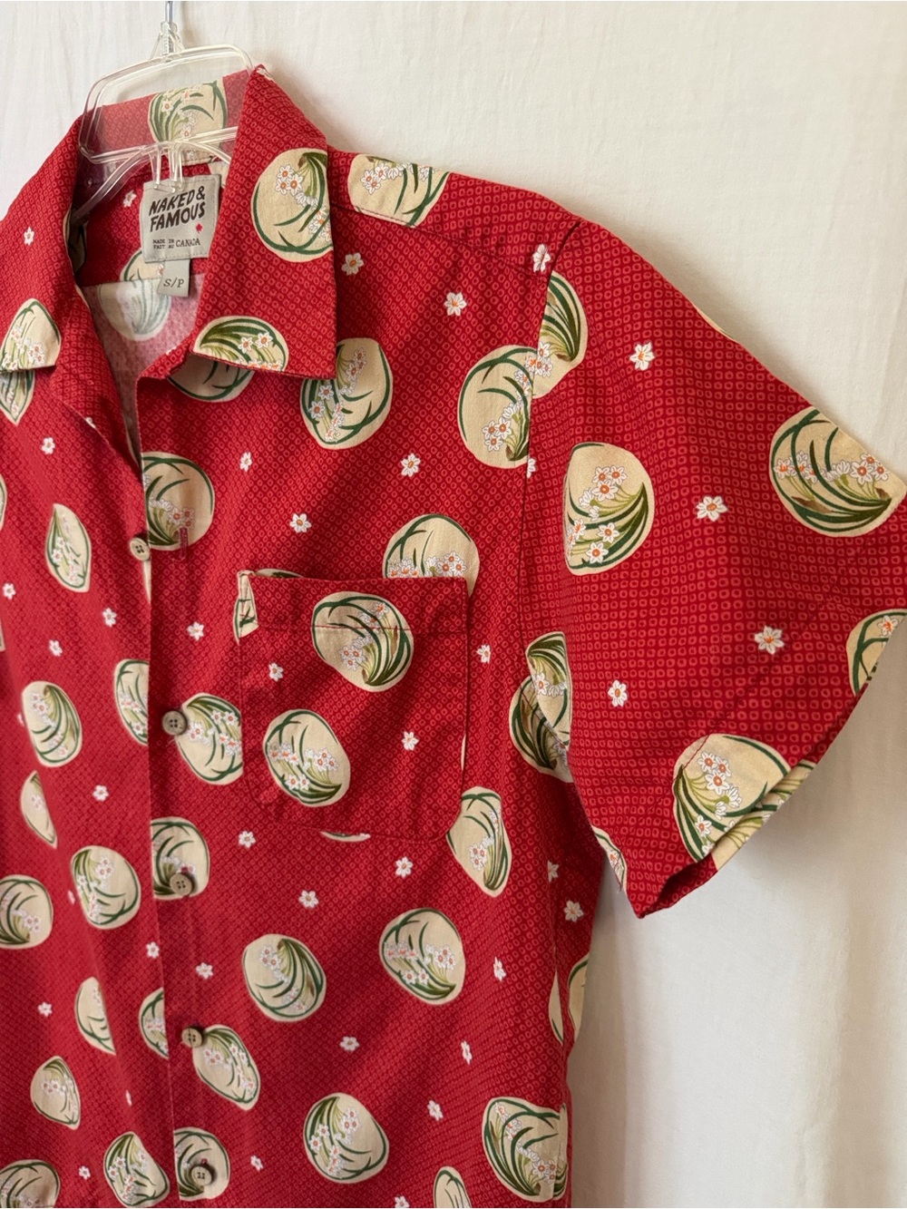 Naked & Famous Aloha Camp Shirt Red Floral Made Canada S